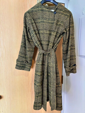 OMNES Plaid Belted Trench Coat in Green & Yellow Like New